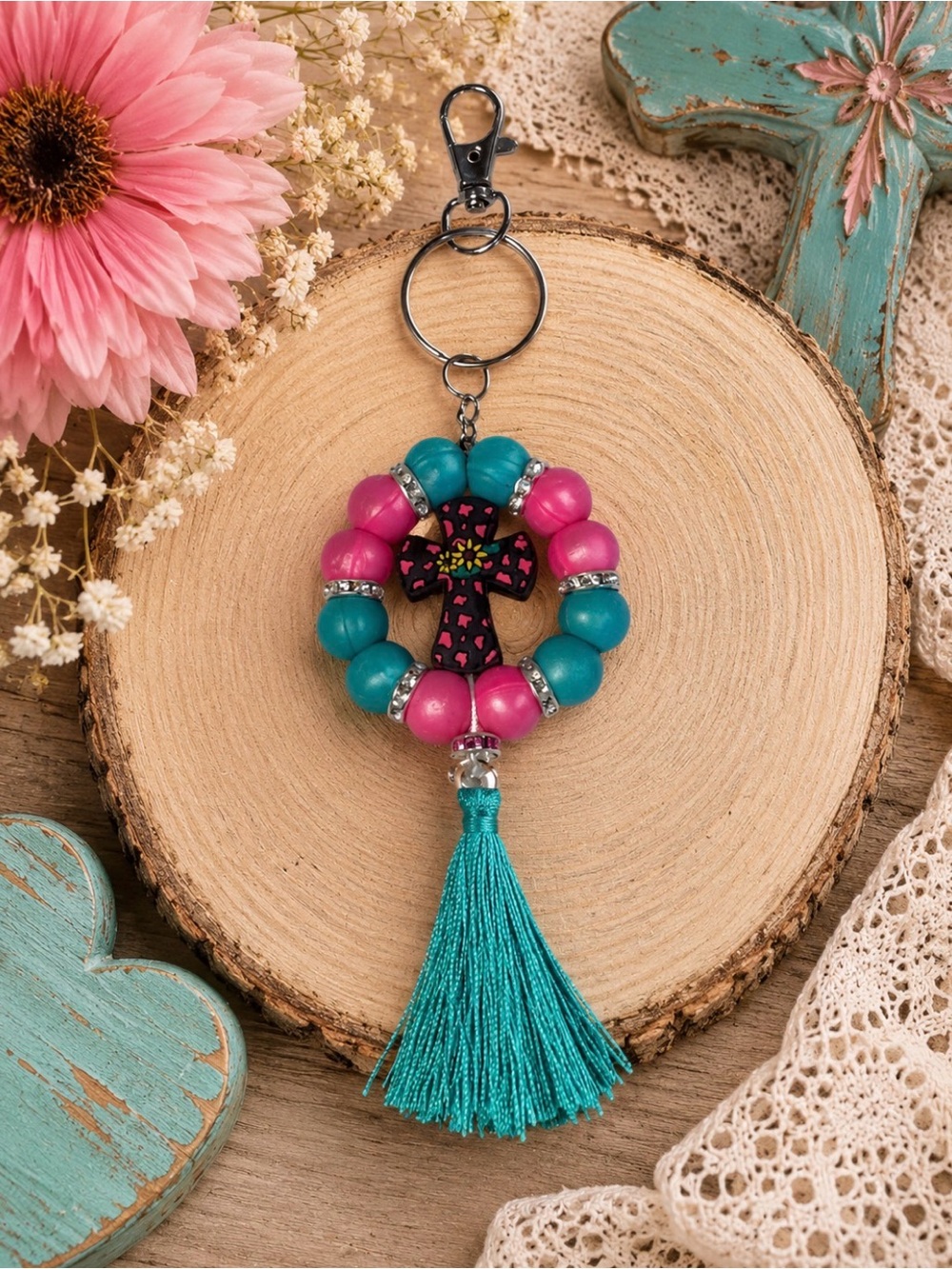 Handmade Beaded Cross Tassel Keychain - Pink & Teal